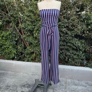 B Famous Striped Bandeau Sleeveless Wide Leg Jumpsuit Jumper Small Blue